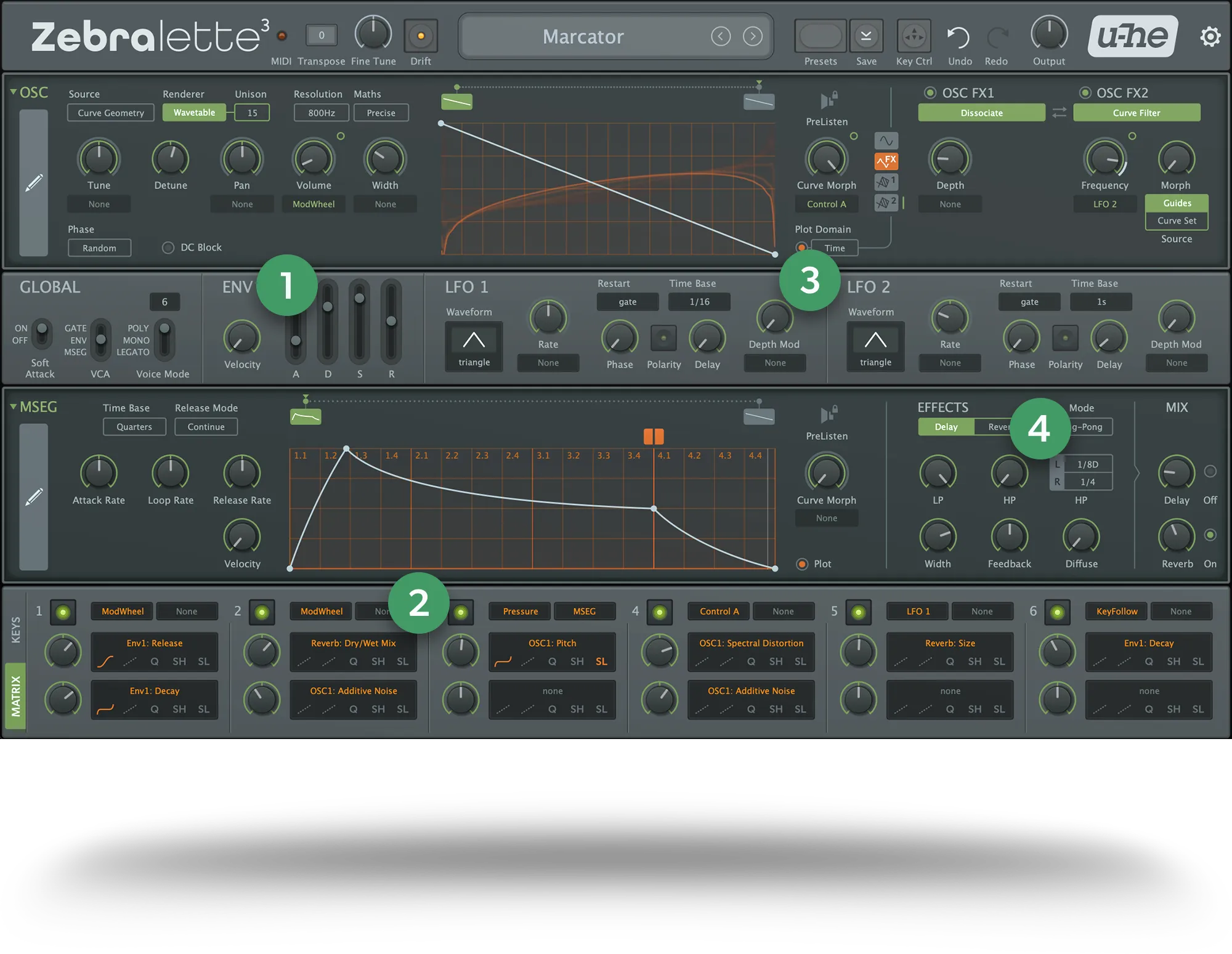 a screenshot of the main interface of Zebralette 3 with markers highlighting certain features
