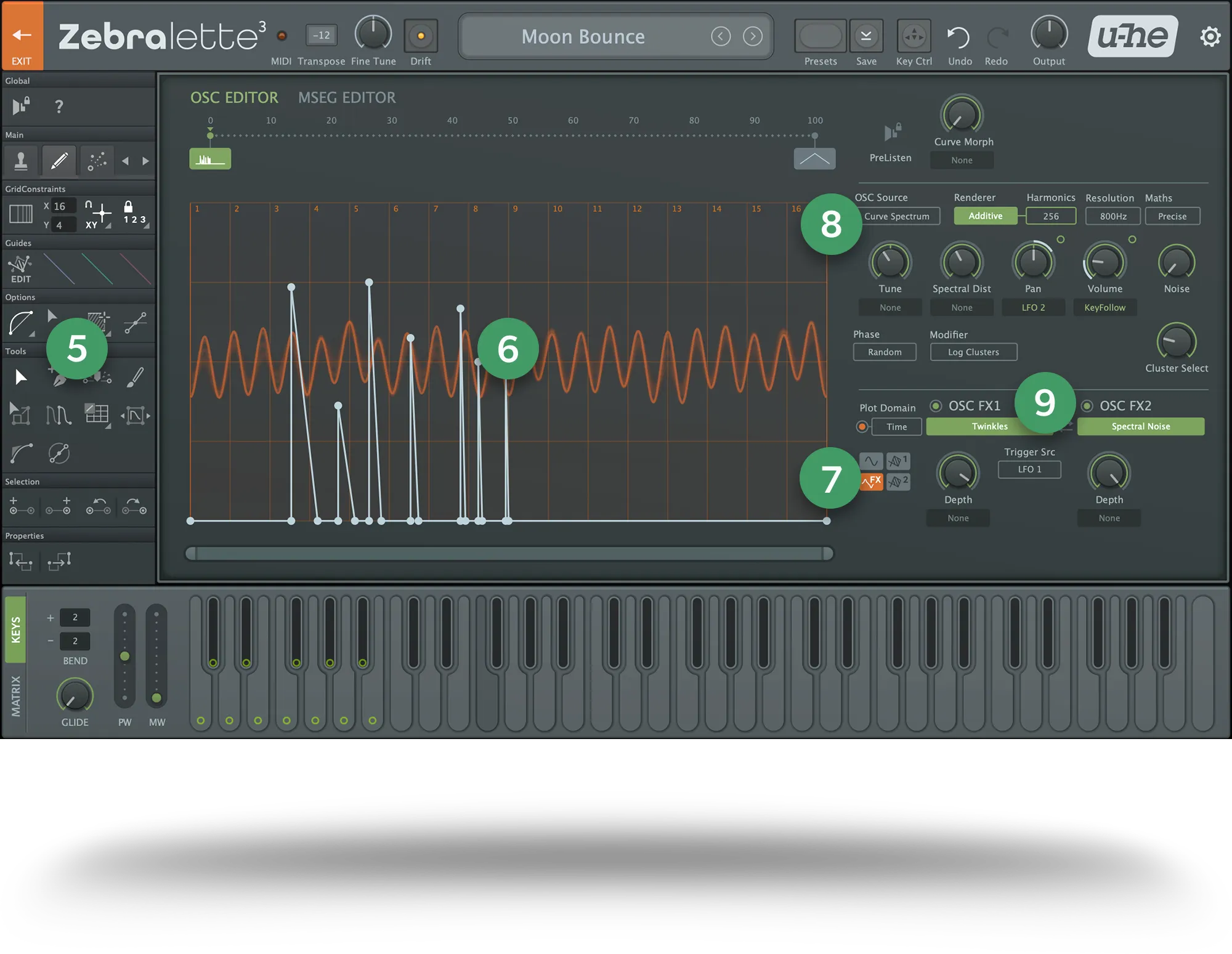 a screenshot of the waveform editor of Zebralette 3 with markers highlighting certain features
