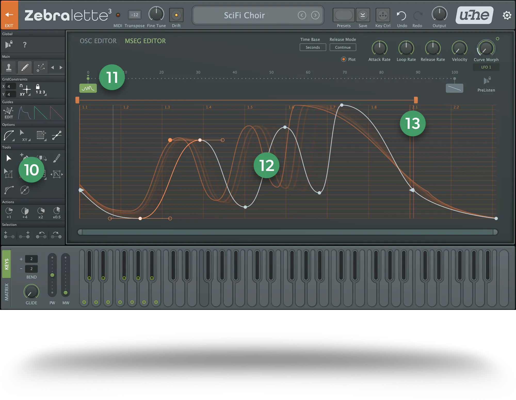 a screenshot of the MSEG editor of Zebralette 3 with markers highlighting certain features