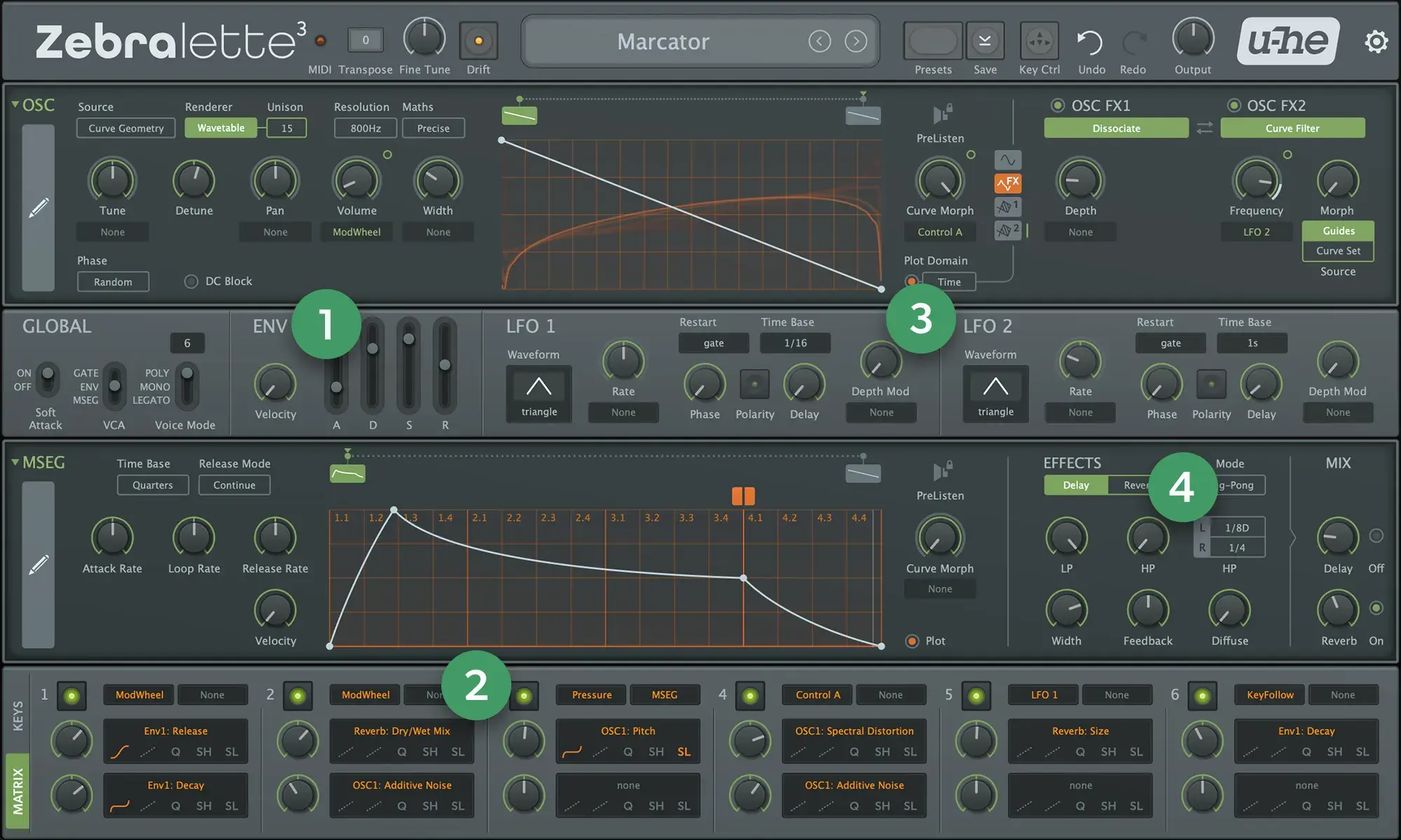 a screenshot of the main interface of Zebralette 3 with markers highlighting certain features