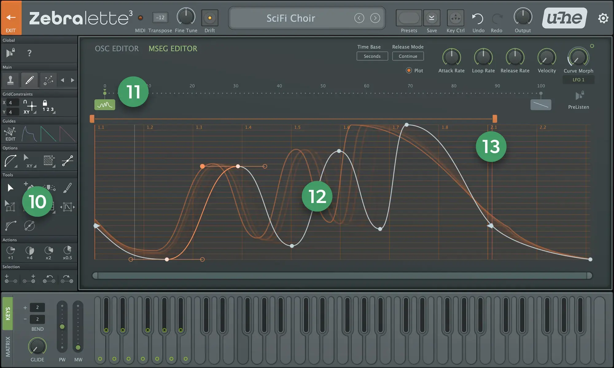 a screenshot of the MSEG editor of Zebralette 3 with markers highlighting certain features