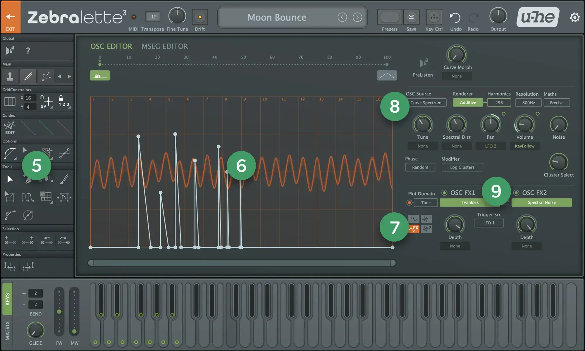 a screenshot of the waveform editor of Zebralette 3 with markers highlighting certain features